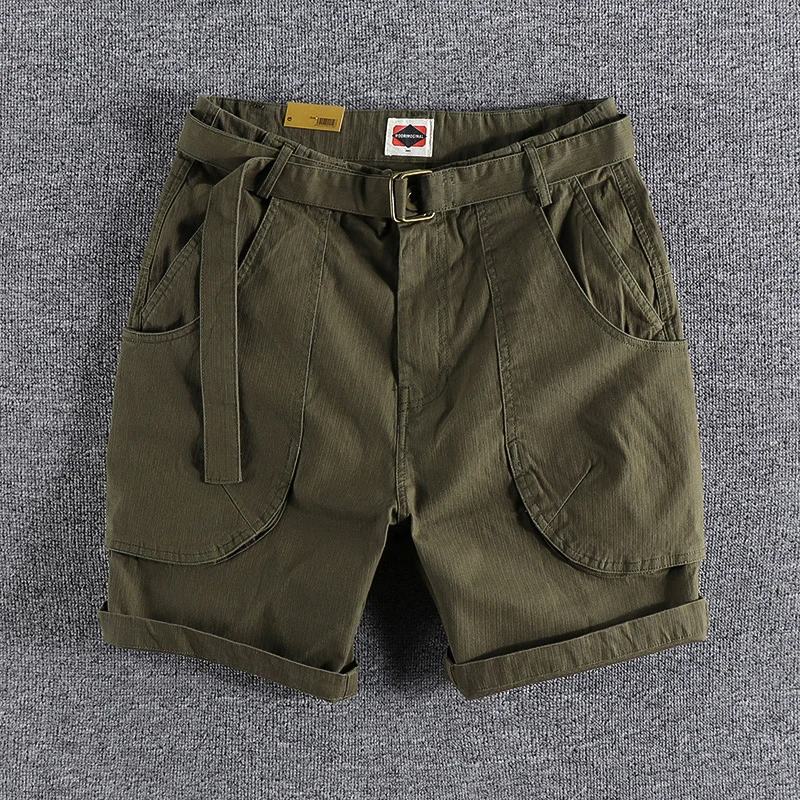 8882# Summer New Japanese Retro Tooling Shorts Men's Fashion Woven Multi-pocket Washed Casual Loose Knee Length Pants with Belt