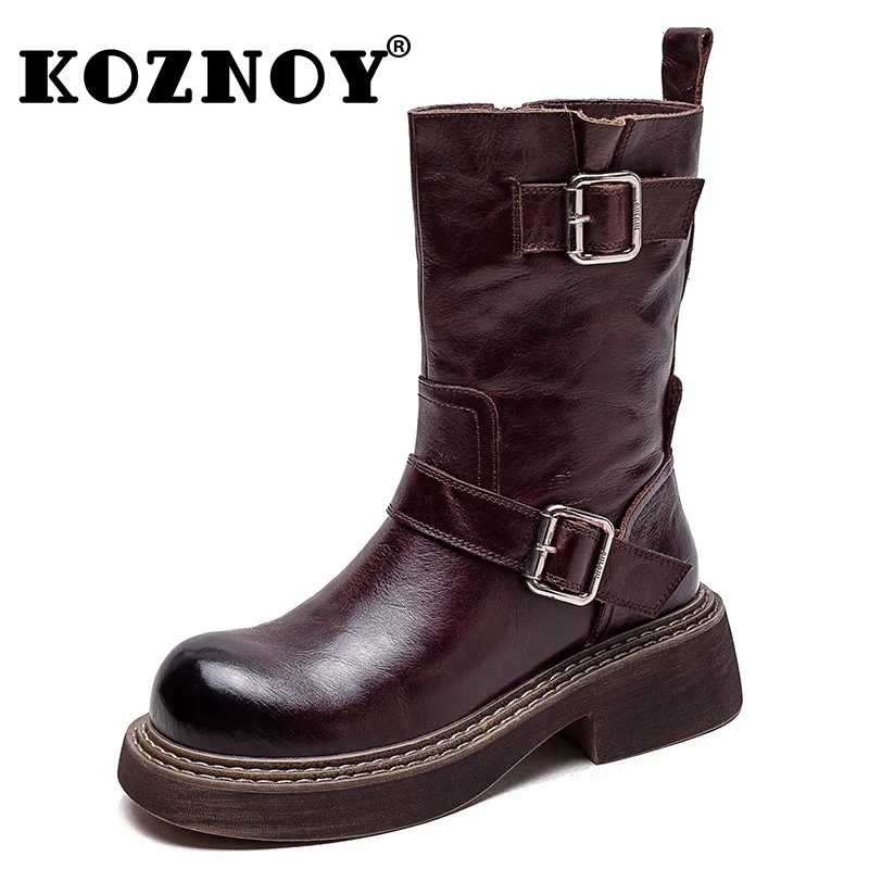 

Koznoy 5cm ROME British Cow Genuine Leather Platform Wedge Motrocycle Autumn Women Knee ZIP Spring High Boots Winter Plush Shoes