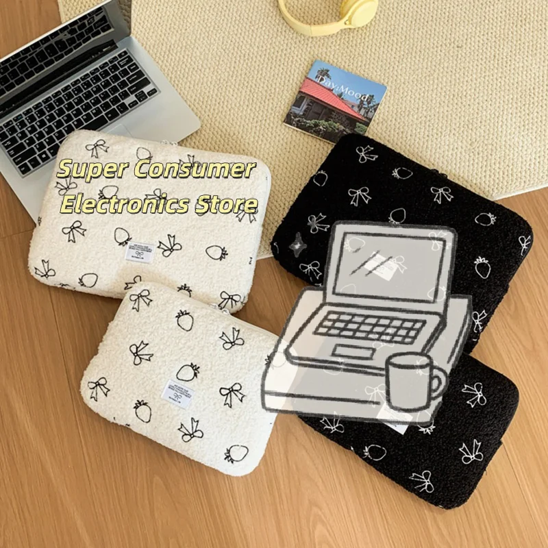 

Plush Strawberry Bow Laptop Sleeve – 13/14 Inch Universal Case for McBook Air/Pro,HP&11 Inch iPad,Soft Lined Protection