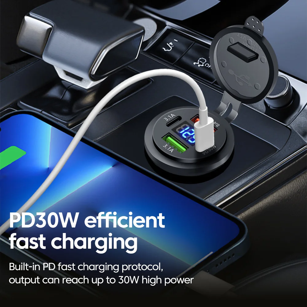 Ładowarka samochodowa 4 w 1 PD30W z szybkim ładowaniem, wyświetlaczem cyfrowym, USB typu C, adapter do zapalniczki samochodowej.