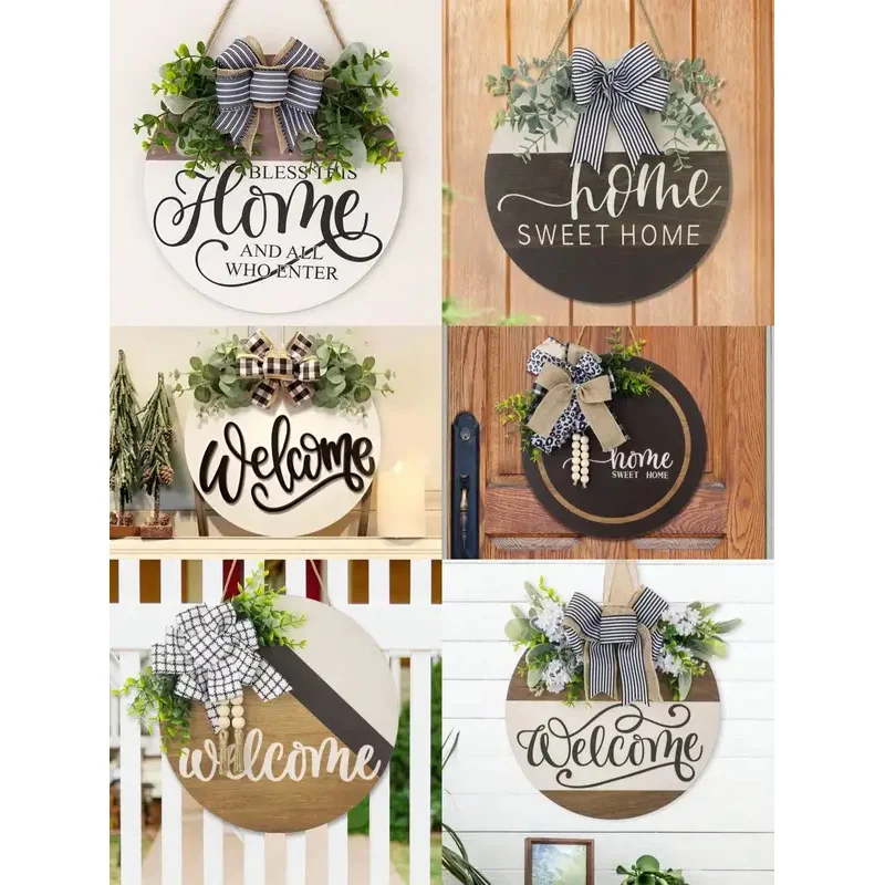 

Door decoration welcome sign round wood wreath wall hanging outdoor、Farmhouse、Porch、Spring, summer and autumn all seasons 1pc