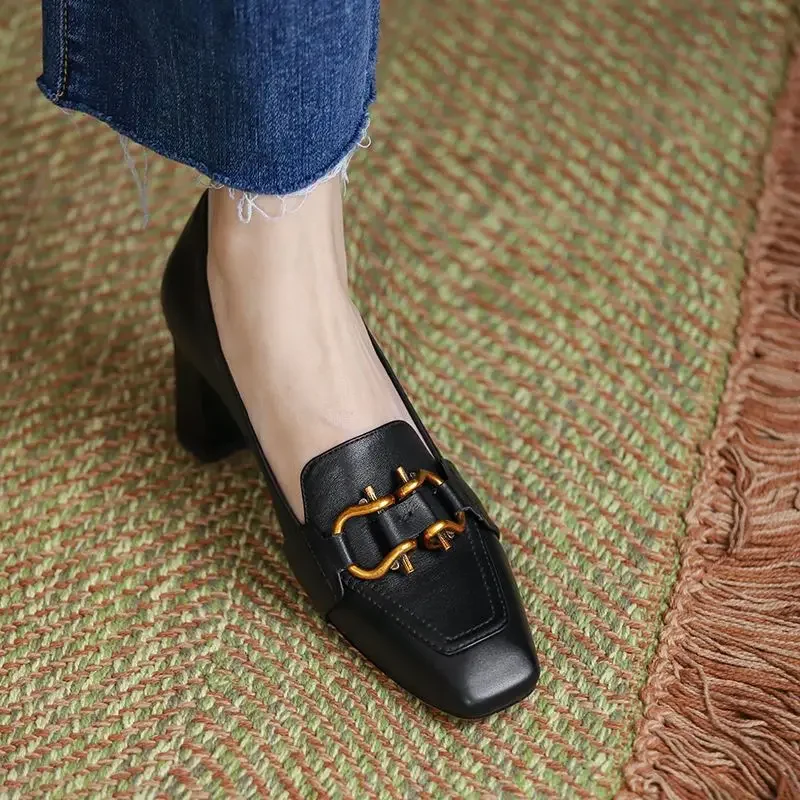 Shoes for Women 2024 Loafers Square Heels Ladies Summer Footwear Normal Leather Casual Pumps Toe Black on Heeled High Sale Slip