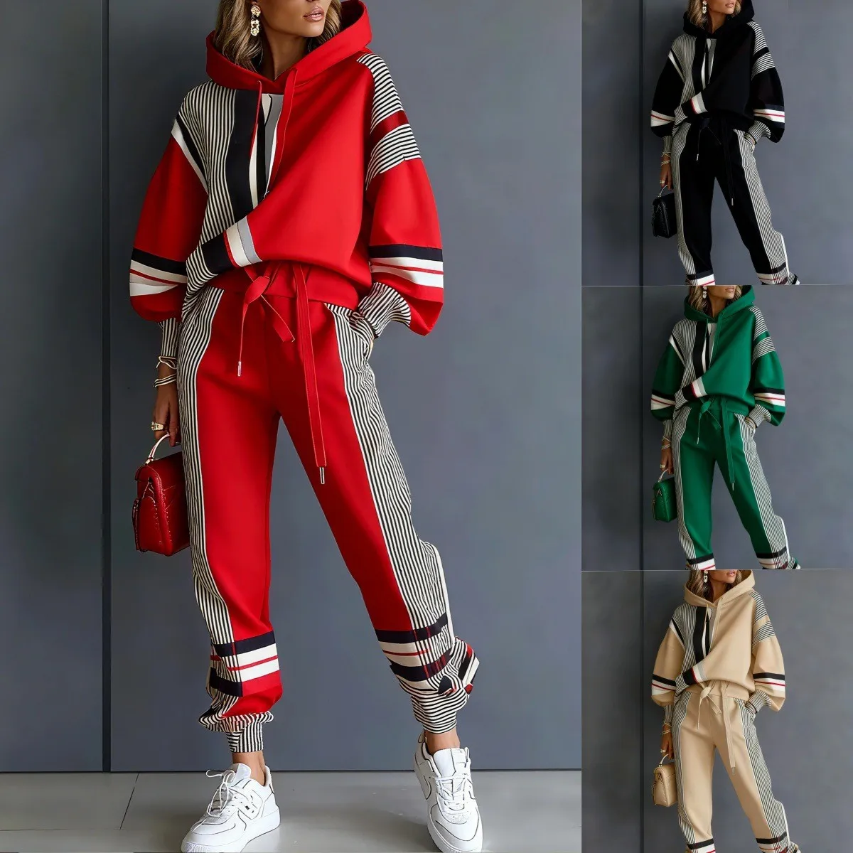 

Winter Women's Clothing Color Block Hooded Tracksuit Set Long Sleeve Casual Two Piece Outfit Polyester Fleece Knit Fabric