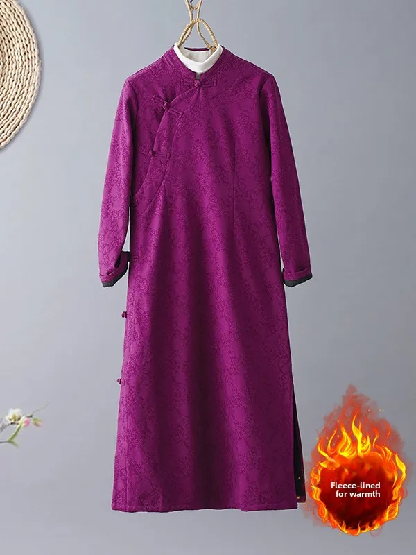 새로운 중국 스타일 개선된 치파오 드레스 여성 플러스 사이즈 가을 겨울 안감 있는 꽃 자수 고급 의류