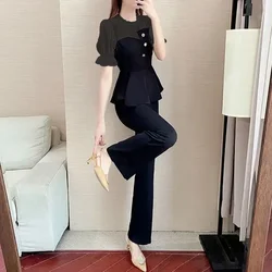 Sexy Professional Women's Top and Pants Two Piece Set Summer 2024 Wear To Work Party Black Office Ladies Trouser Clothes Bottom