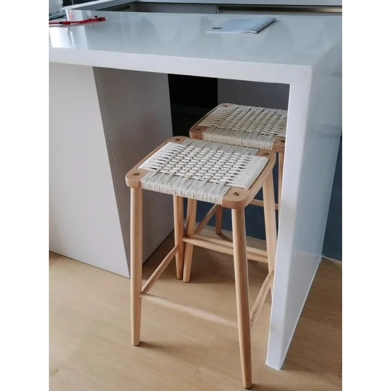 

Cherry Wood High Stool, Nordic Solid Wood Bar Chair,Japanese Tall Seat for Home Dining or Café Bar， Retro Rattan Bar Bench