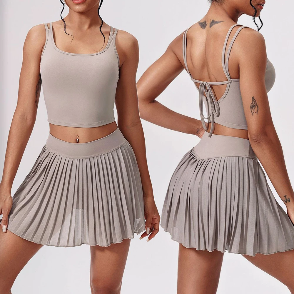 2 قطعة ملابس رياضية الصيف في الهواء الطلق الترفيه تنورة قصيرة اليوغا مجموعة النساء الصالة الرياضية الملابس تشغيل الرياضة اللياقة البدنية مجموعة تنفس ملابس رياضية لليوجا #1