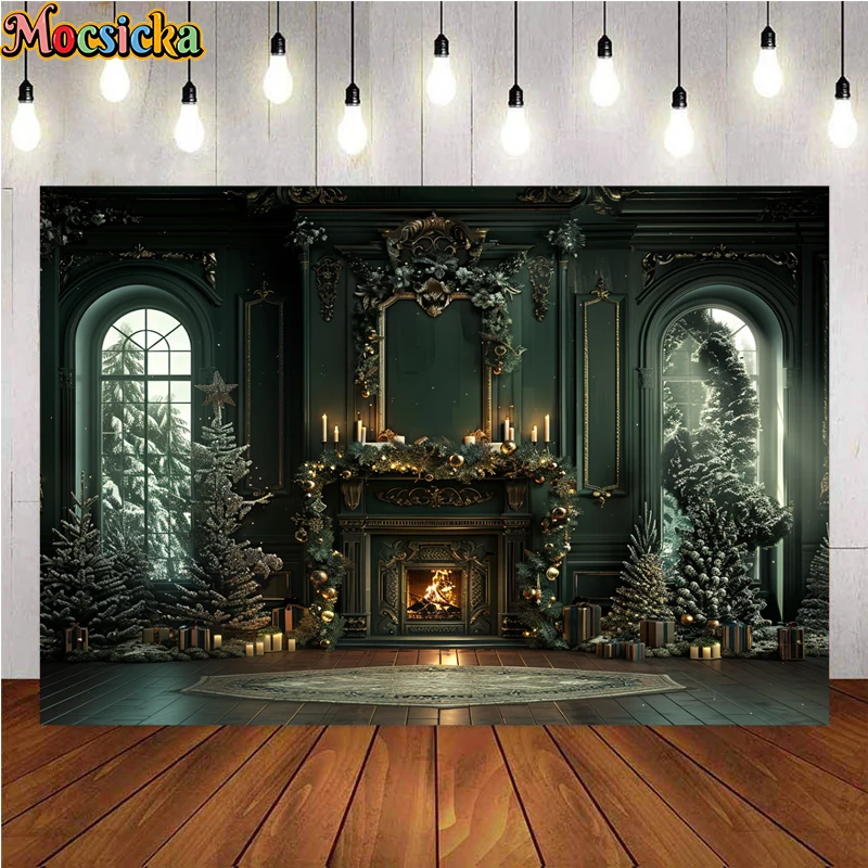 Mocsicka-خلفية تصوير شتوية لعيد الميلاد ، موضوع أخضر ، مدفأة ، حفلة عطلة ، صورة عائلية ، خلفيات صور ، استوديو