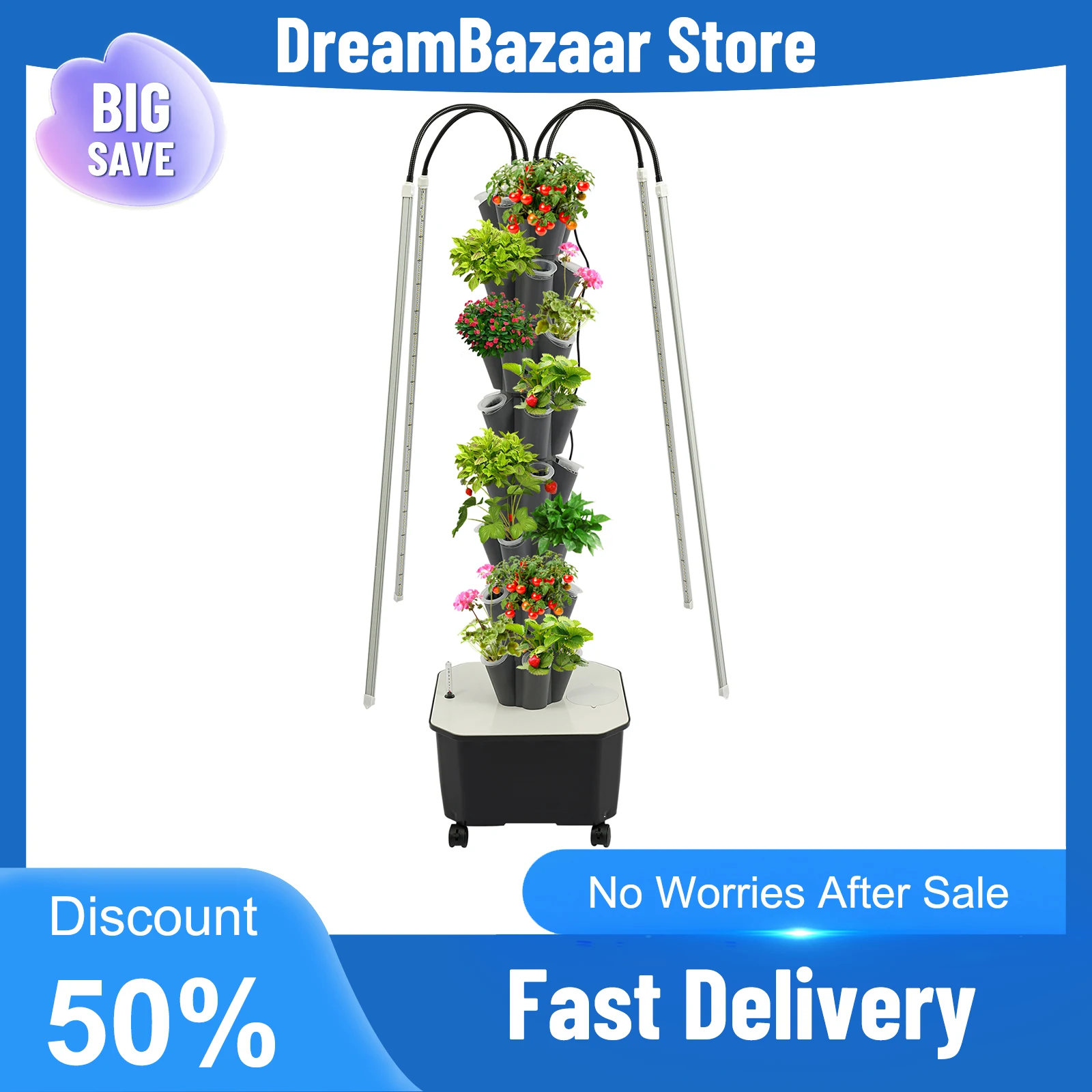 

Auto Recirculating Irrigation Hydroponic Tower 40-Plant LED Full-Spectrum Lighting for Beginners 4 Brake Wheels 59.05in 80W