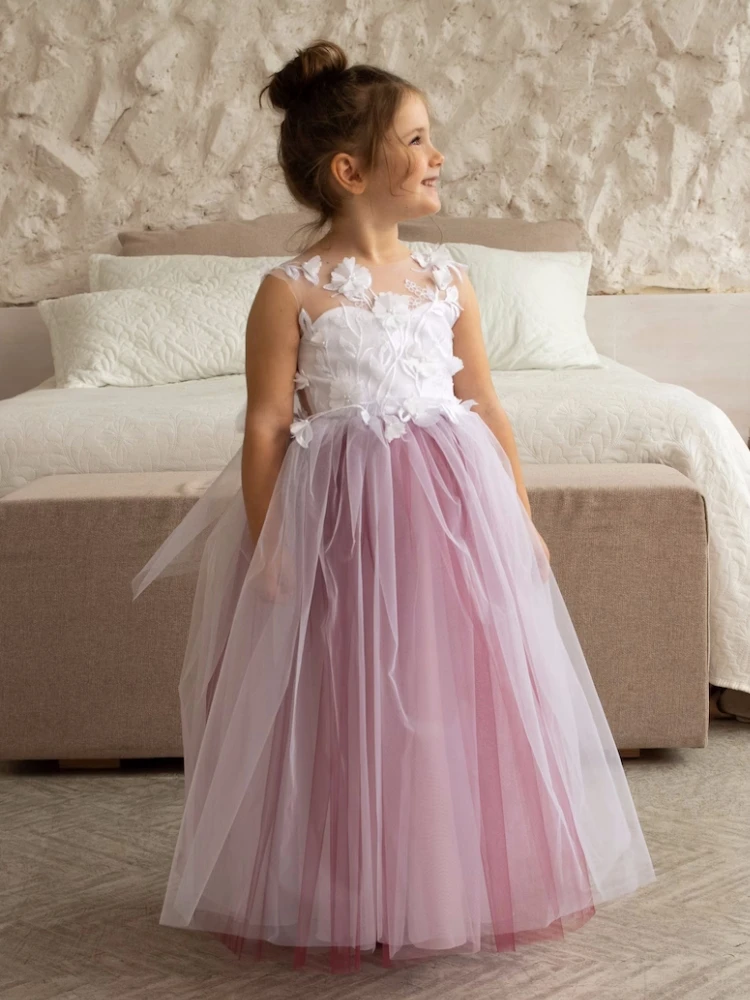 

Flower Girl Dresses Dark Pink White Tulle Flory Pattern With Bow Sleeveless For Wedding Birthday Party First Communion Gowns