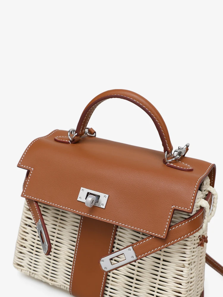

CaitinKaie Women's Bamboo Woven Handbag oulder Bag Leather Picnic Bag Spring Summer New Sle Briti Sle Pure Color