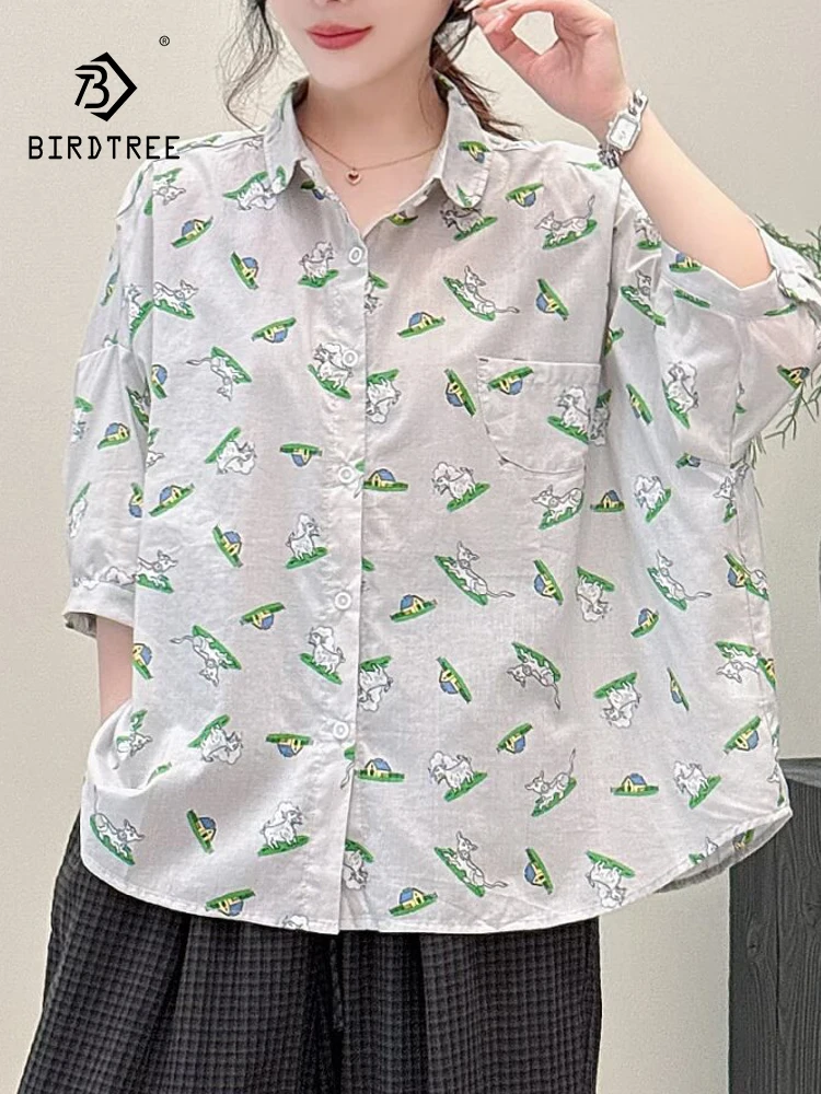 

New 2025 Summer Cotton Short Sleeve Shirt, Women Turn-down Collar Print, Mori Girl Fashion Age Reduction Loose Blouse T56321CC