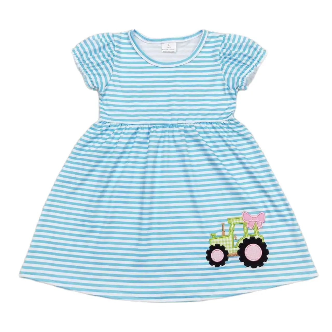 Wholesale Baby Girl Embroidery Tractor Dress Toddler Infant Summer Knee Length Kids Children Short Sleeves Stripes One Piece