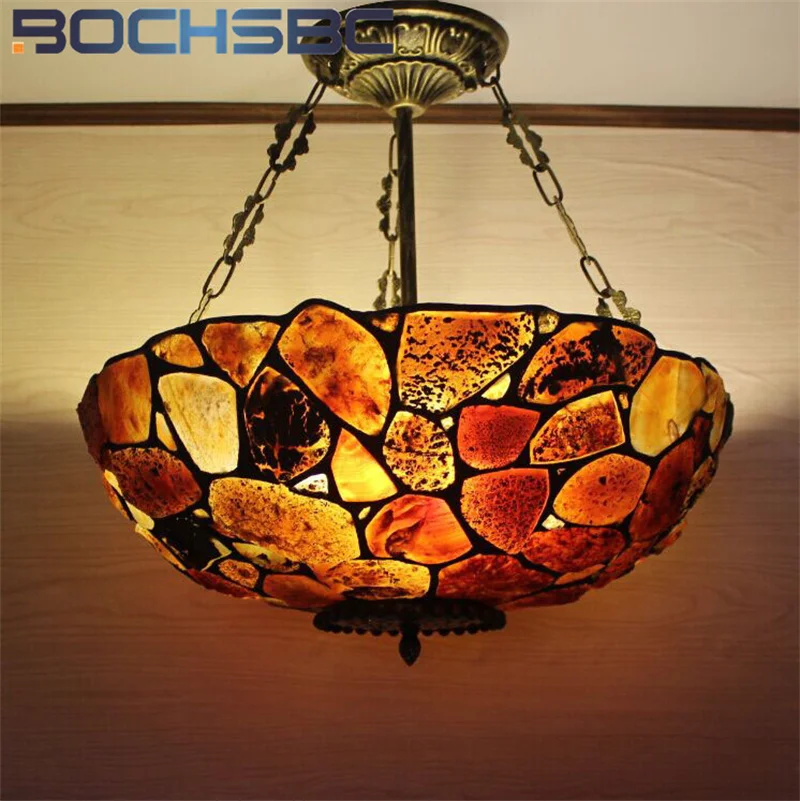 BOCHSBC Tiffany style colored glass jade agate inverted pendant light chandelier for living room dining room bedroom cafe decor