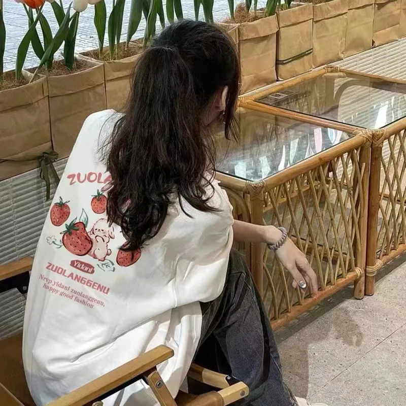 Camiseta Feminina de Algodão Puro Branca de Manga Curta, Caimento Solto, Comprimento Médio, Estilo Coreano, Gola Redonda, Cas...