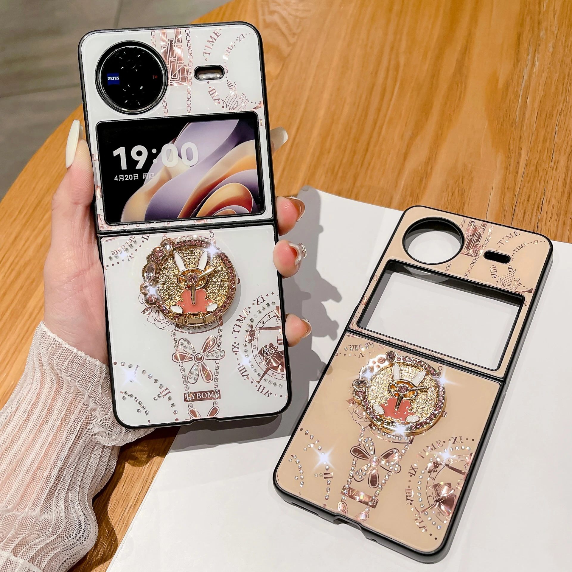 For Vivo X Flip Cute rabbit Diamond Clock Buckle Stand Holder Phone Case Cover