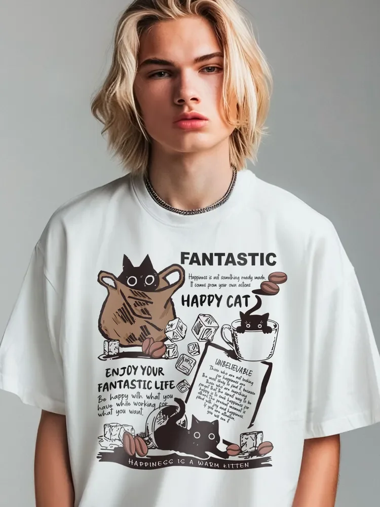 

Pure cotton cartoon cat group printing T-shirt new men's women's fashion brand Korean version casual short-sleeved couple top