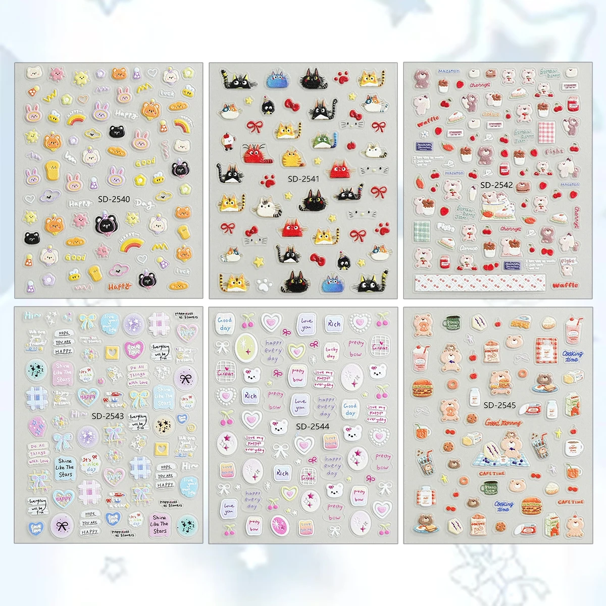 3/6/12 Blatt süße Nagelaufkleber 5D Cartoon Hase Katze Bär Essen Herz Schleife Gelee geprägt selbstklebende Kawaii Nail Art Aufkleber