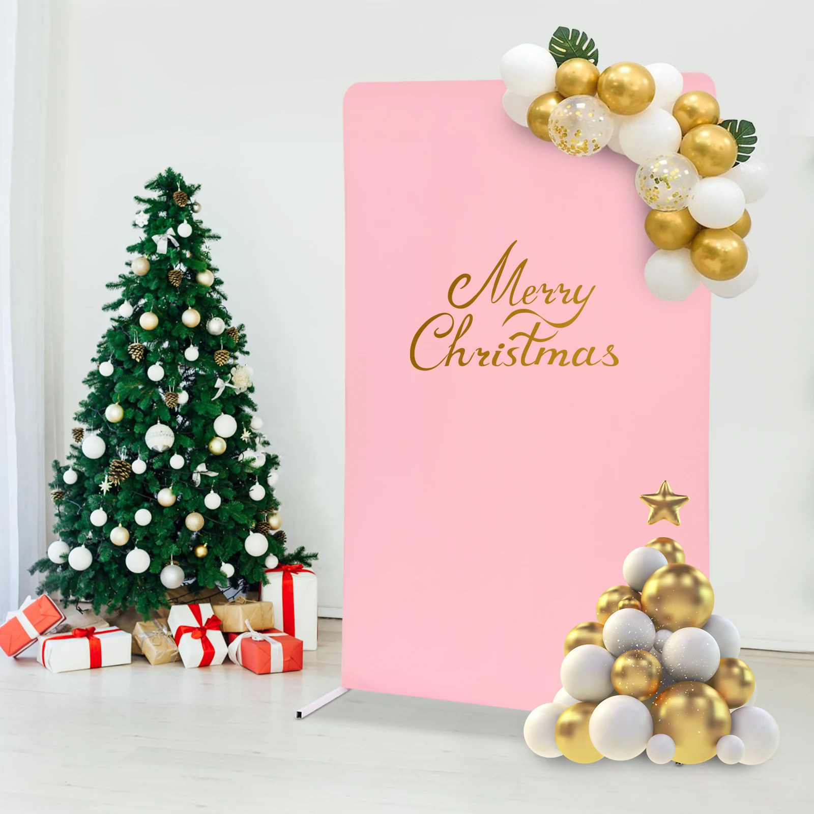 Casamento Pole Bracket com Pull Rod e Elastic Cloth Cover, Suporte Branco, Pink Cover, 1.5x2m