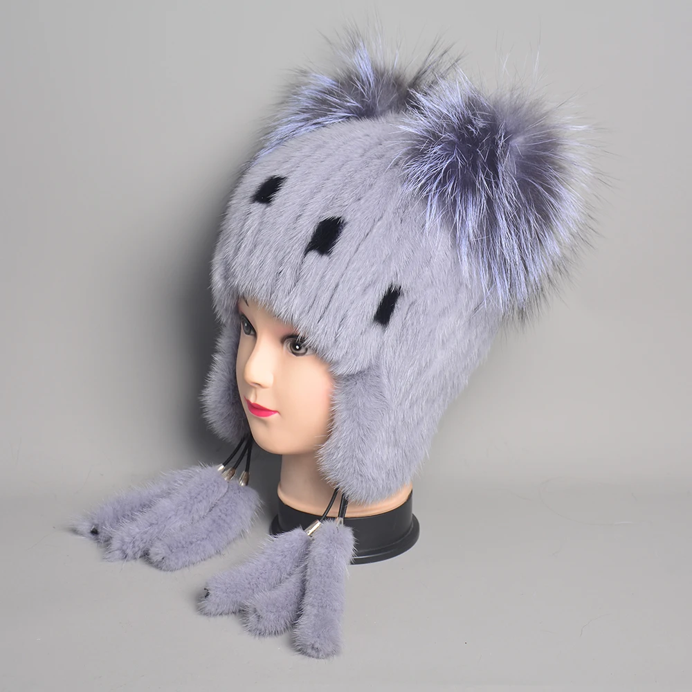 Women bomber ear hats knitted natural mink fur tails earflap winter hat