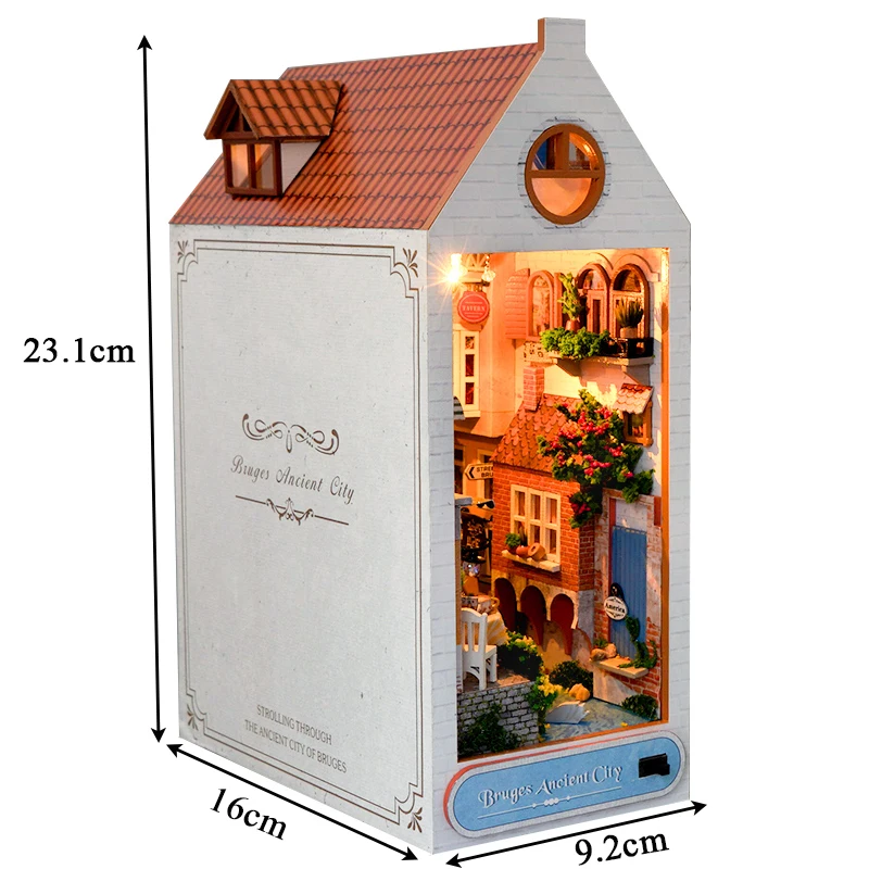 Fai da te Città antica Libro Nook Kit modello in miniatura in legno Fermalibri Casa fatto a mano con libreria leggera Decorazioni per la casa Amici Regali di Natale