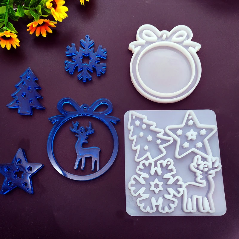 2 pçs/set decoração de natal molde de silicone diy árvore de natal pingente arco círculo floco de neve elk casa molde de gesso presente artesanal