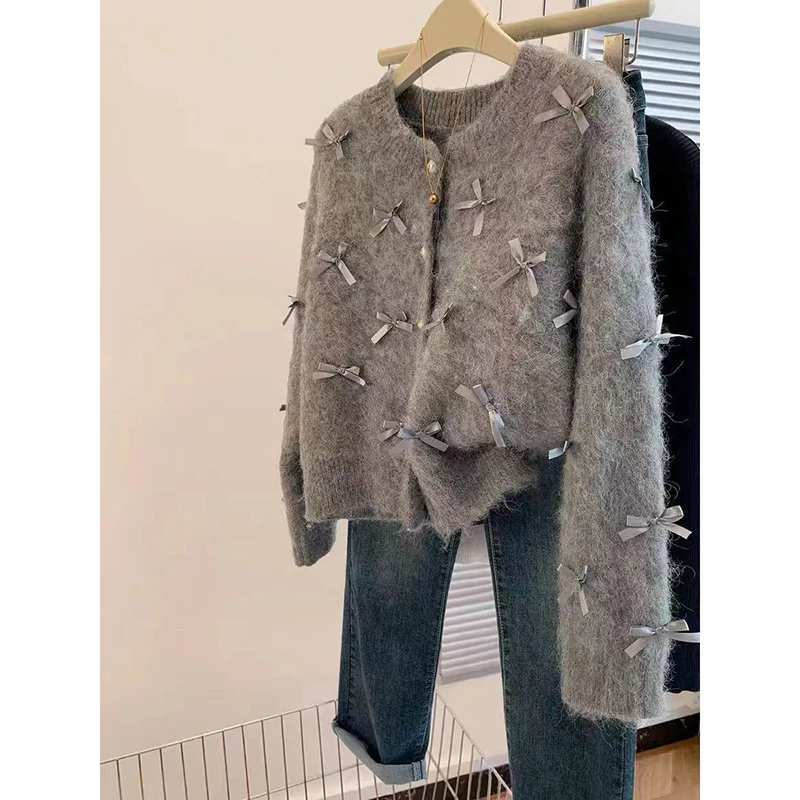 French Temperament Grey Bow Sweater Women 2024 Autumn Winter  High Grade Soft Glutinous Mohair Knitted Cardigan Fragrant Coat