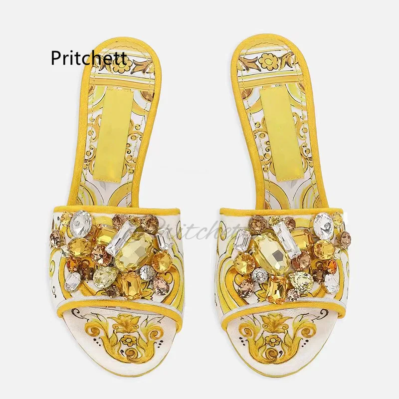 Yellow Prints Stiletto Slippers for Women Rhinestone Open Toe Summer Shoes Med Heels Bohemian Vacation Party Crystal Shoes