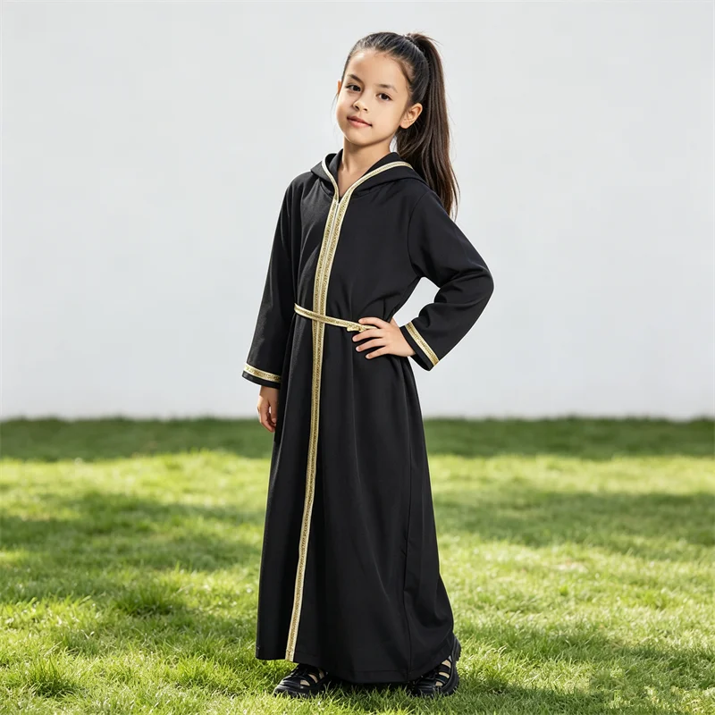 Nova Abaya Preta com Capuz para Meninas, Vestido Kaftan Muçulmano de Manga Longa, Robe Maxi Islâmico para Oração com Cinto, Roupa Infantil Eid Djellab