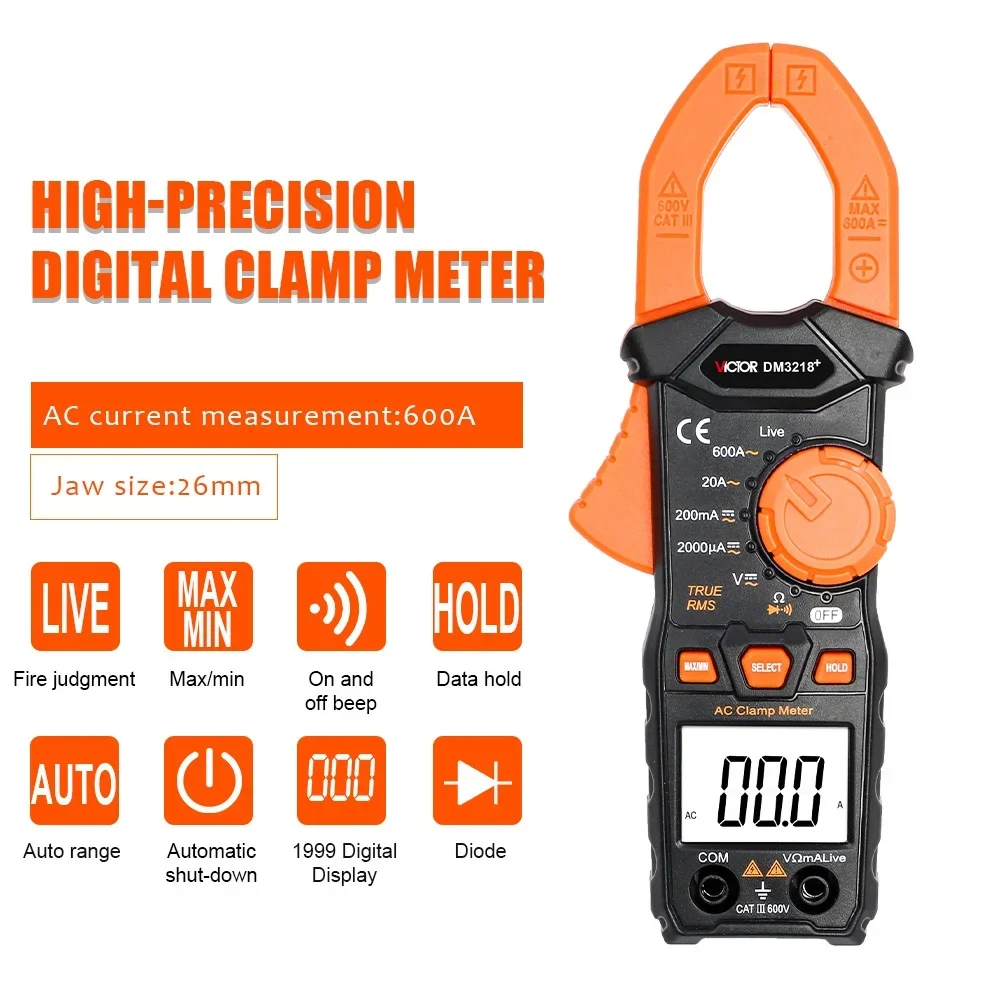 VICTOR DM3218+ New Product True RMS Digital Clamp Multimeter Auto Range Clamp Size 30mm AC DC 600V 600A Live Wire Clamp Meters