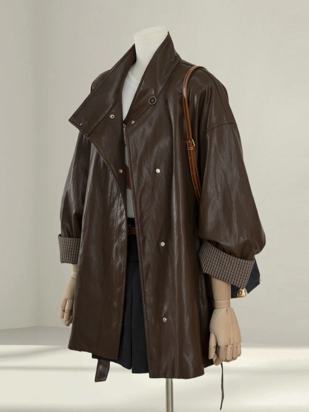 Coffee Brown PU Leather Jacket Women's Fashion Outerwear Slimming Loose Style Commute Wind Long Sleeve Mid-Length Coat