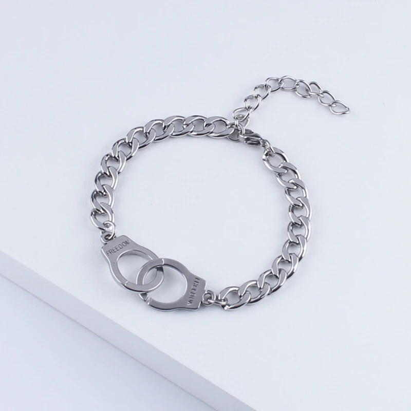 Personality Stainless Steel Handcuffs Bracelet Lover\'s Lock Chain Bracelets for Women Men Love Bangles Wrist Jewelry Accessories