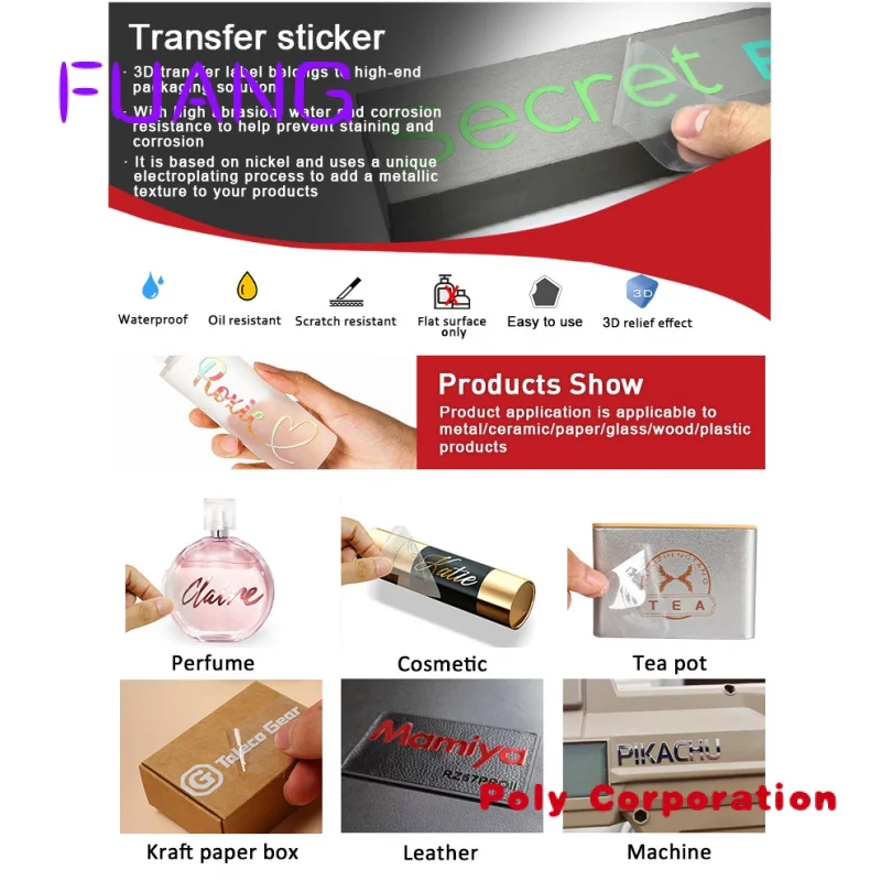 Custom Clear Gold Folil Heat Gold Transfer Elektroforming Metaal Nikkel 3d Sticker Label Logo Uv Decal Vinyl Transfer Sticker