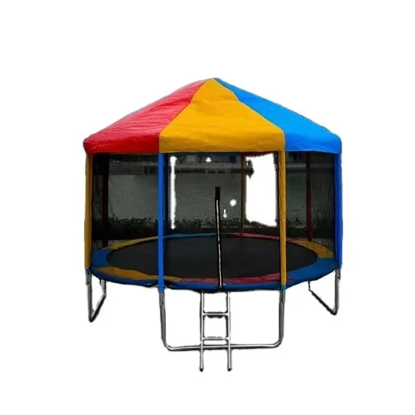 outdoor Round Trampoline Kids Play Jumping Bed With Ladders with safety enclosure net