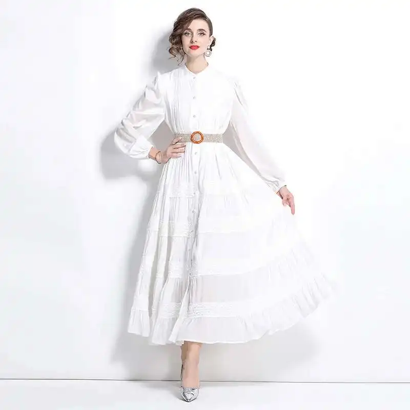 Elegante vestido feminino camisa verão outono cinto manga longa plissado bordado renda listrado maxi vestido de festa à noite