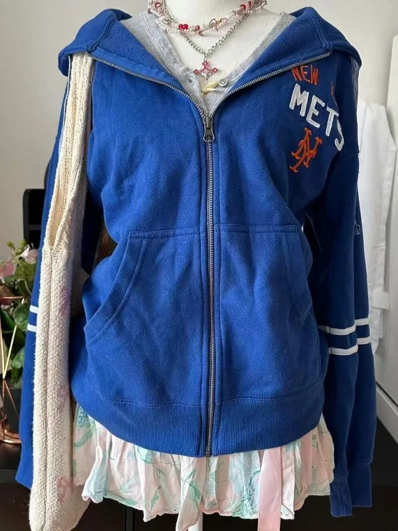 Americano gótico retro azul cardigan jaqueta feminina roupas esportivas tendência casal fino ajuste y2k design superior sentido outono inverno