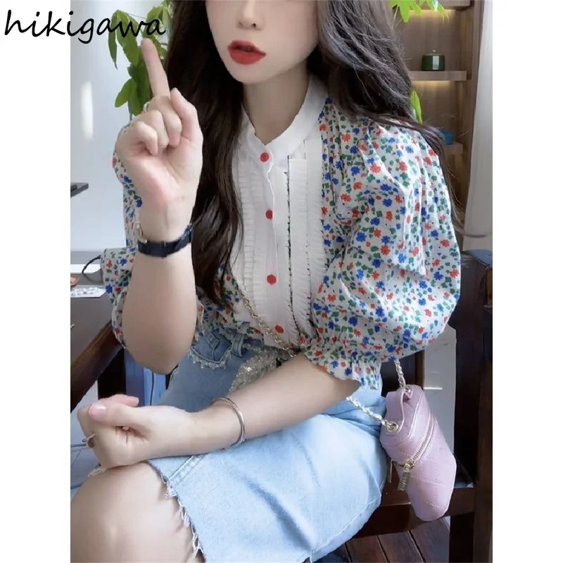 Vintage Blouse Women O-neck Puff Sleeve Shirt Fashion Clothes Floral Shirts 2023 Blusas De Mujer Summer Blouses Korean Tops