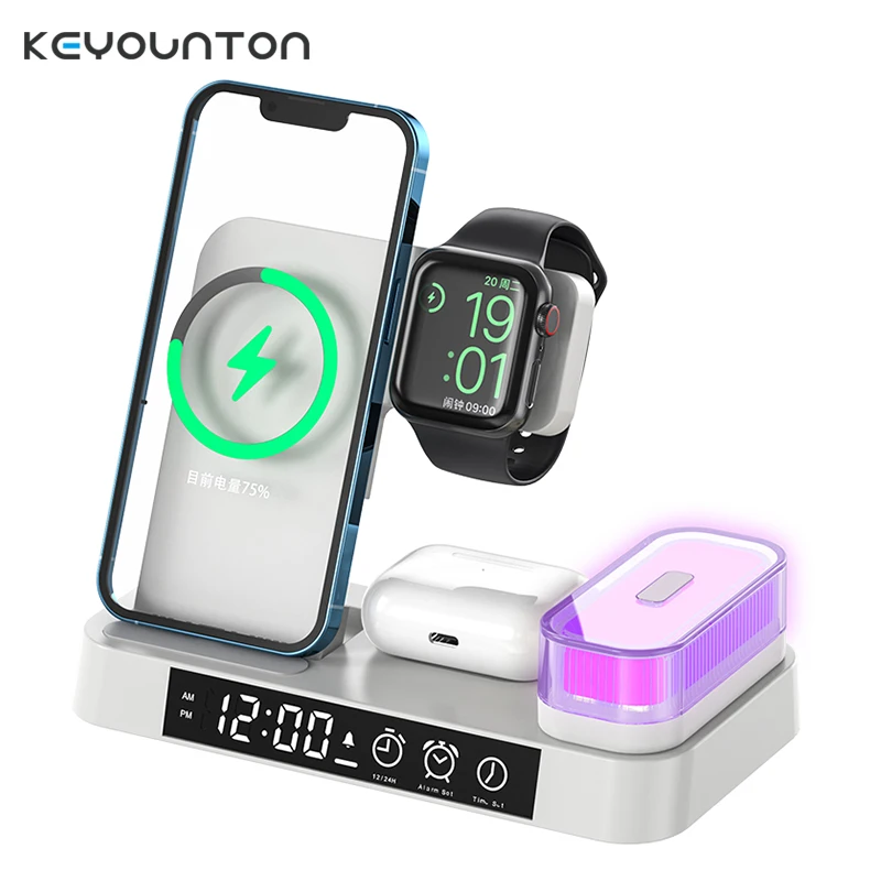 

4 IN 1 Wireless Charger Stand Alarm Clock Night Light For iPhone16 15 Samsung Galaxy iWatch Airpods Fast Charging Station Dock