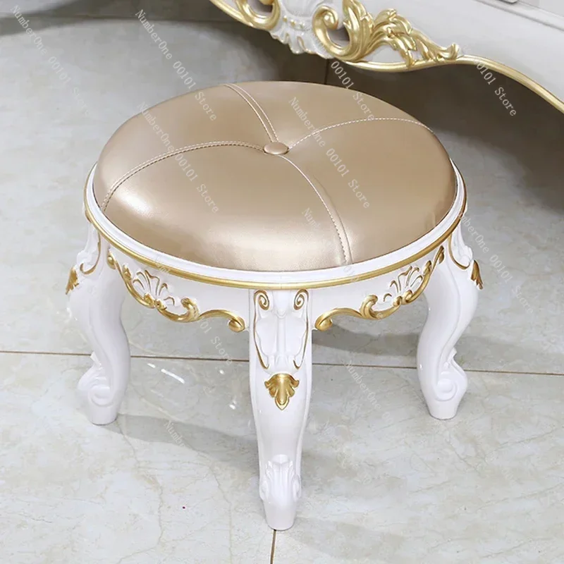 Retro Carved Small Stool Luxury Leather Cushion Creative Low Seat Elegant Room Sofa Chair Stylish Seating Decorative Footrest