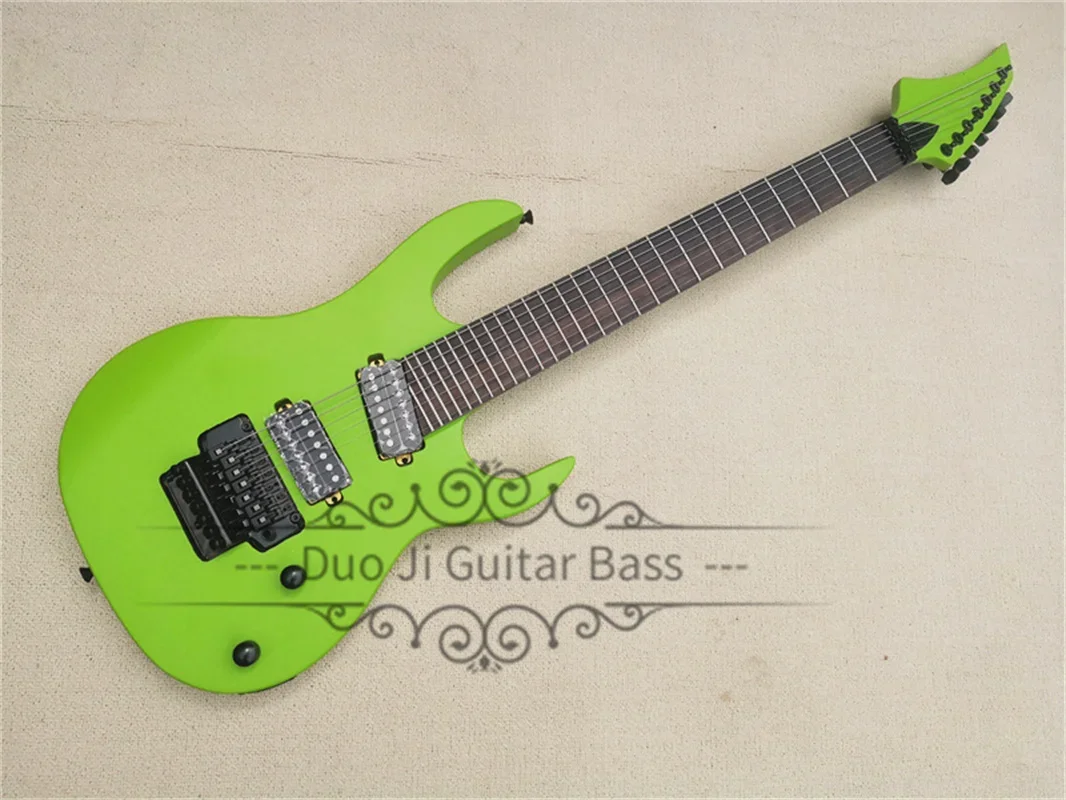 

7 string guitar, matte fluorescent green guitar, maple fingerboard Set in solid wood body, double bridge, rosewood fingerboard,