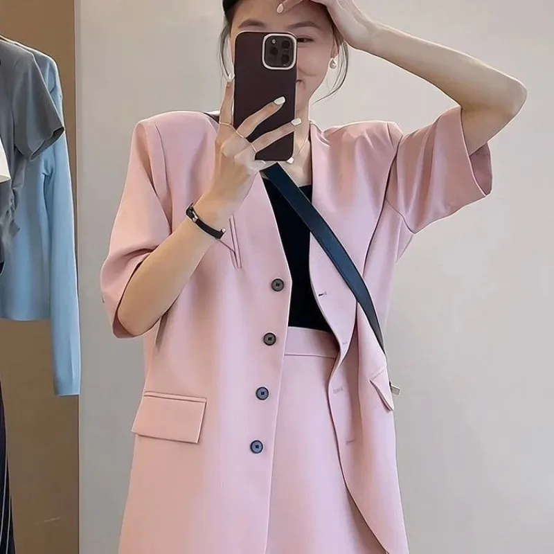 Short Sleeve Mini Suits Midi 2 Pieces Sets for Women Kawaii Commuting Office Pink Woman Outfit Formal Event Elegant Casual Korea