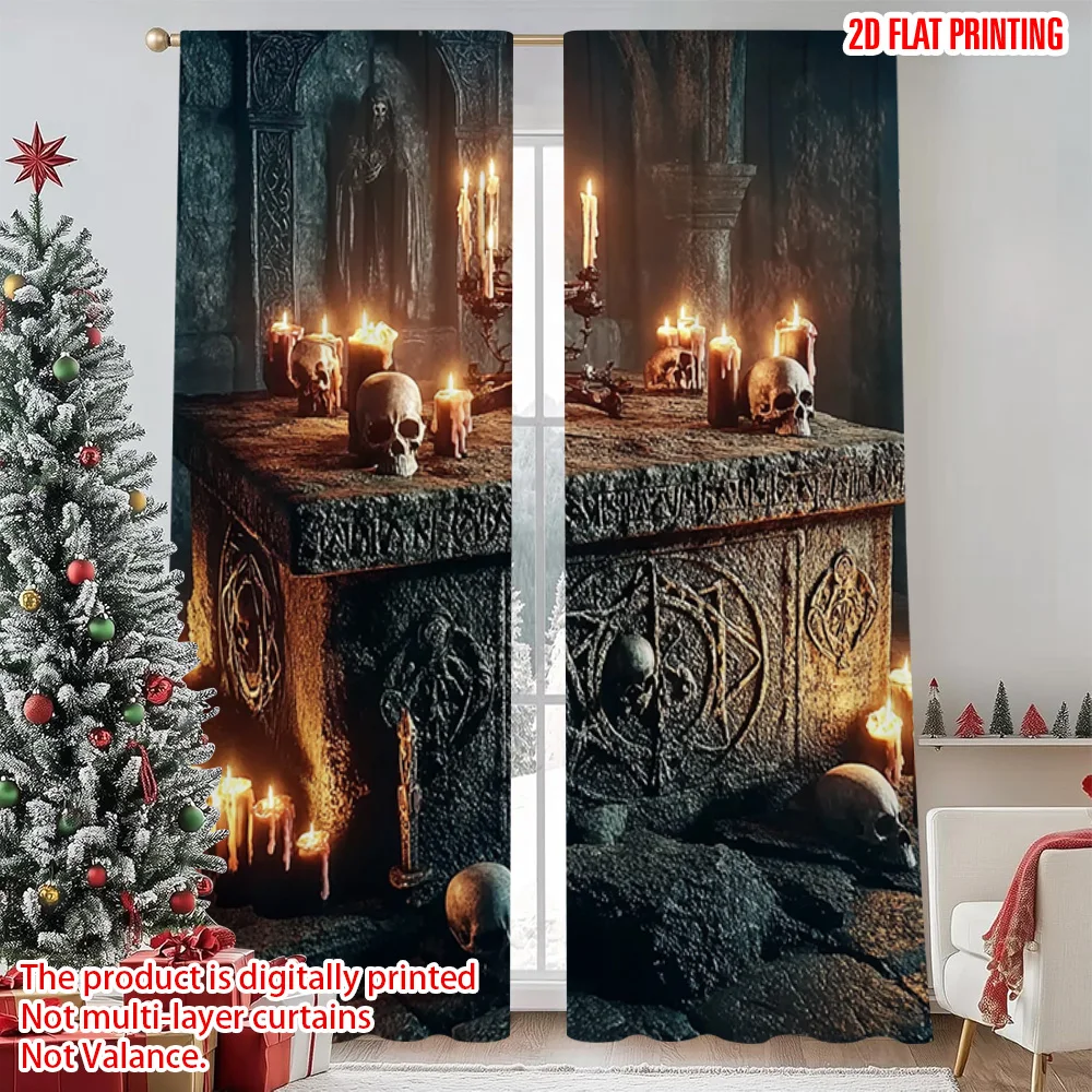 2pcs 2D flat printing Merry Christmas Popular Window Curtains ancient altar Durable 100% Polyester Fabric Without Electricity