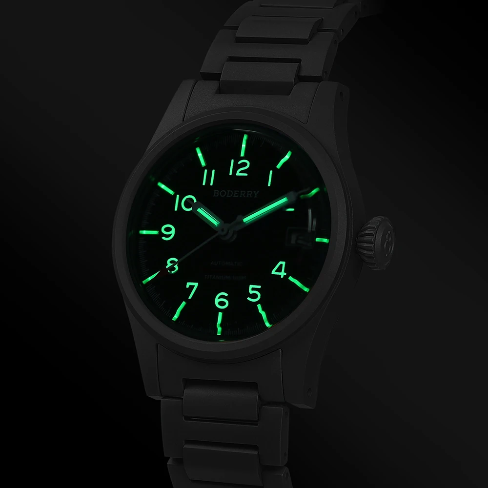 BODERRY Мужские автоматические часы 38 мм Pliot Титановые механические наручные часы для дайвера 100 м Водонепроницаемые купольные сапфировые светящиеся NH35