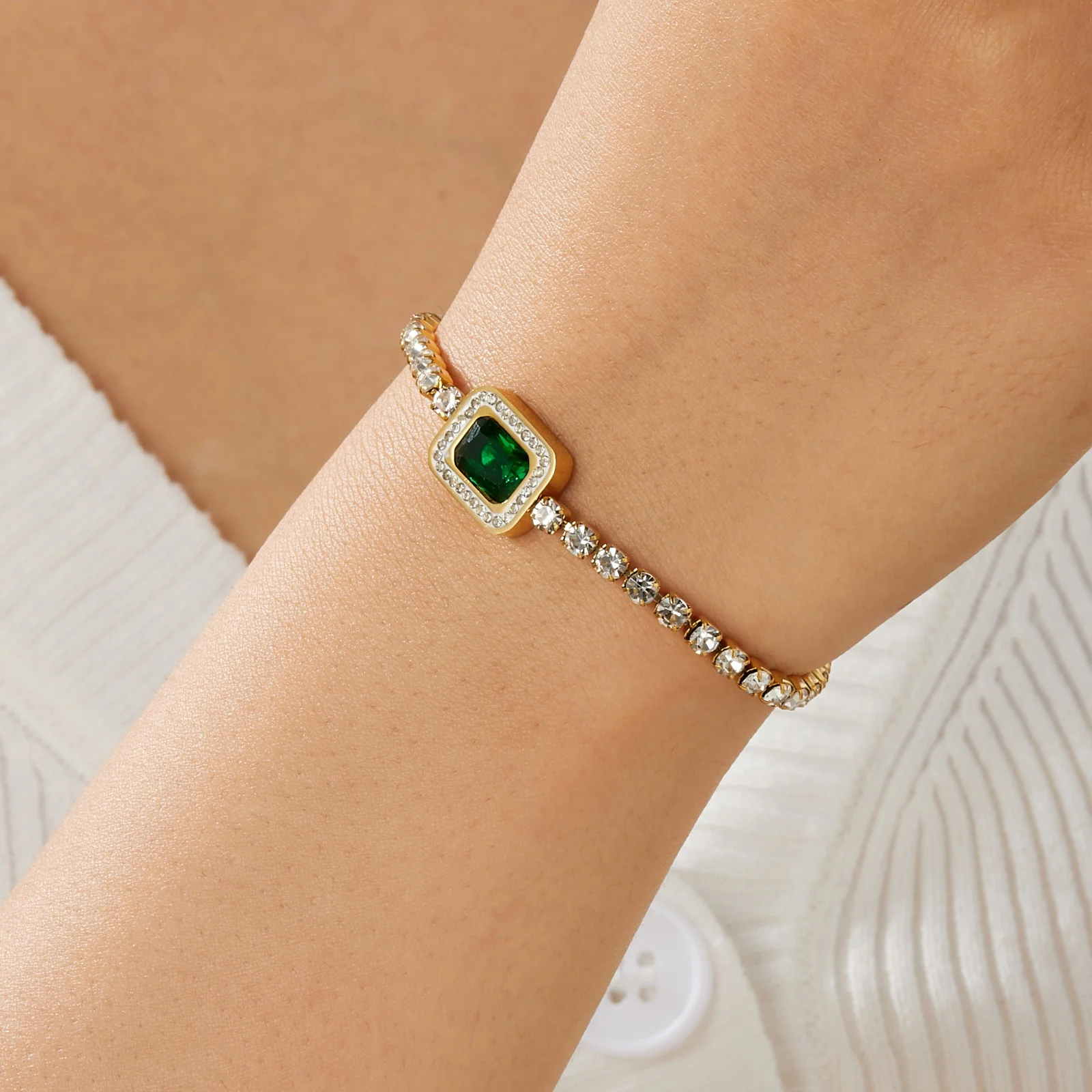 DIEYURO 316L Stainless Steel Vintage Full of Rhinestone Green Superior Zircon Bracelet Lady Quality Square Crystal Jewelry Gift