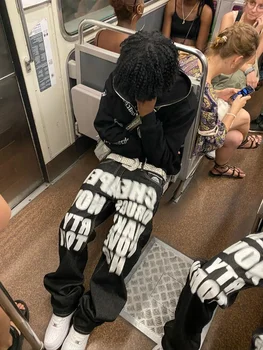 New Hip Hop Letter Printed Black Pants Men Women 2023 Trend Y2k Jeans Fashion Punk Loose Straight Wide Leg Trousers Streetwear