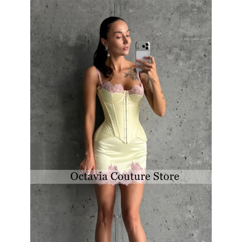 Women's Elegant Lace Patchwork Two Piece Outfit Fashion Spaghetti Strap Waist-cinching Top Mini Skirt Daily Party Matching Set