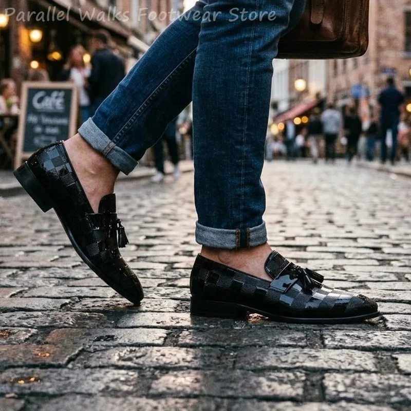 Men's Plaid Checkered Loafers Slip On Tassel Patent Shoes Elegant Tuxedo Wedding Dress Shoes Business Formal Flats Footwear