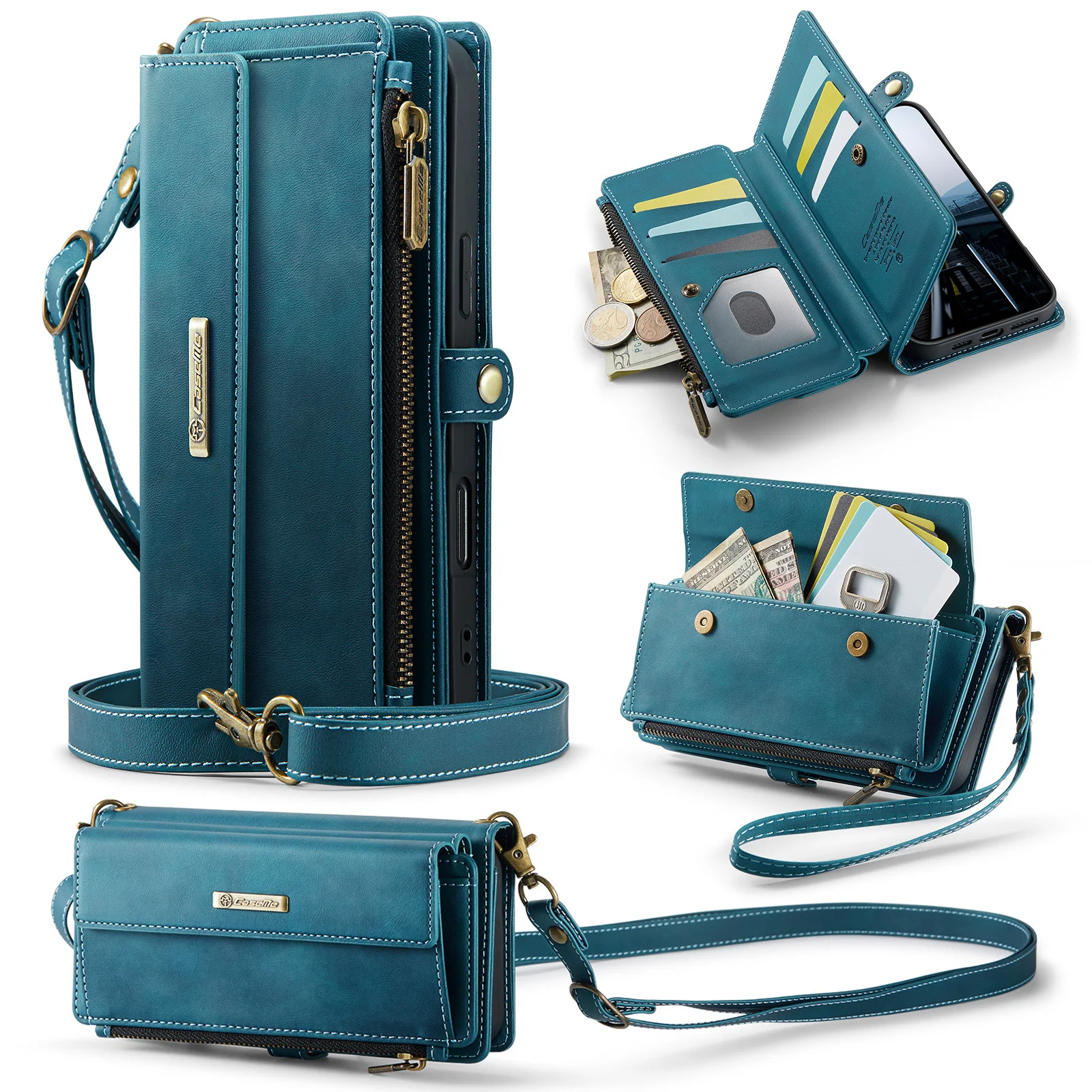 

Кожаный чехол-кошелек на молнии для Iphone 16e/16 Pro Max 15 Plus 14 13 12 Mini 11 с длинным/коротким ремешком, большой вместительный чехол для карт