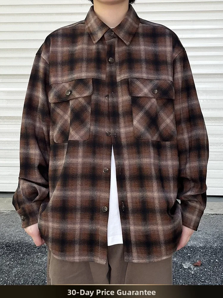 

American Retro Plaid Long Sve irt Men's Loose Casual Versatile irt Autumn New Sle Double ket Lazy Sle irt