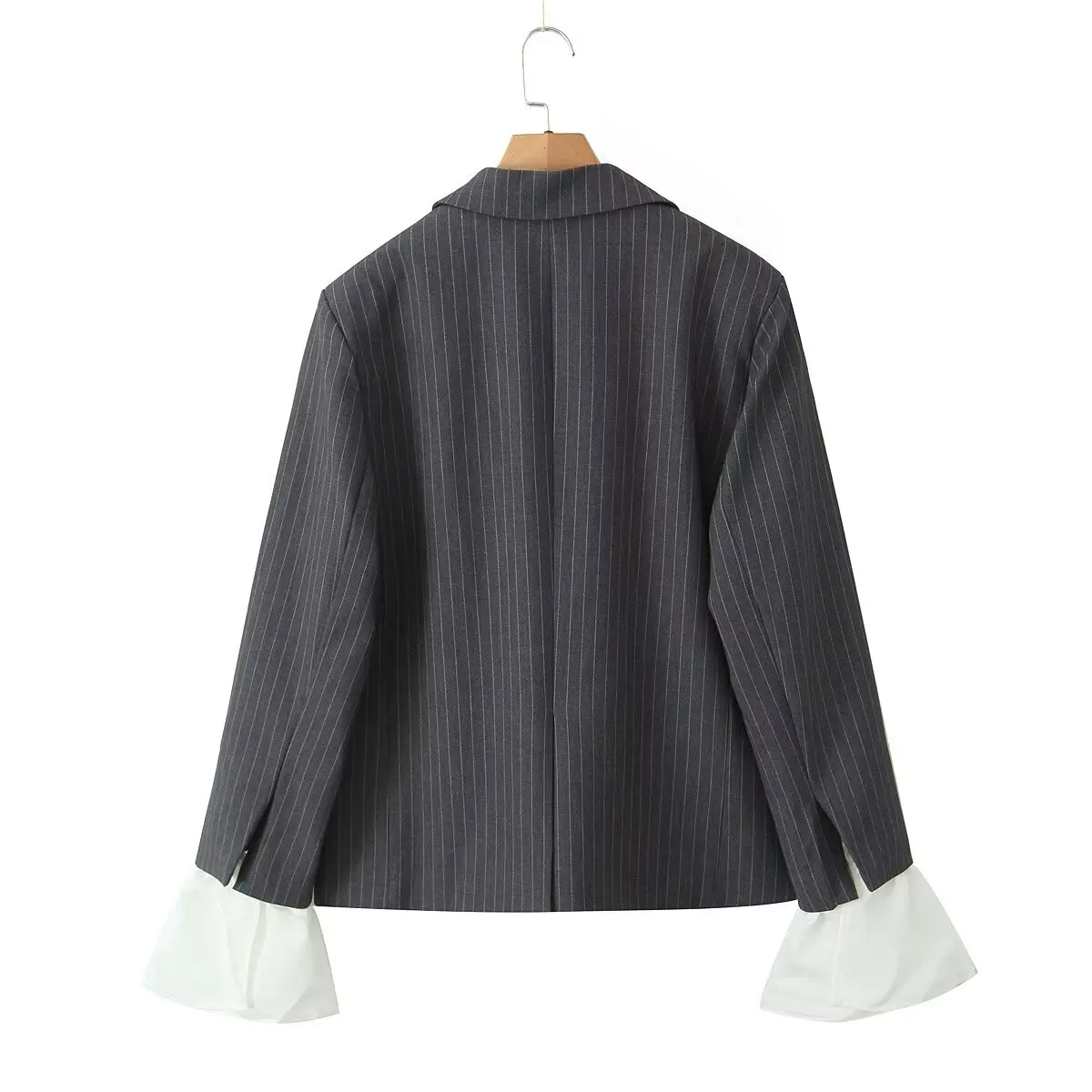 2024 Chill Gray Striped Removable Flare Cuff Blazer Boyfriend Vintage Women Notched Collar Loose Suit Fashion Coat Black